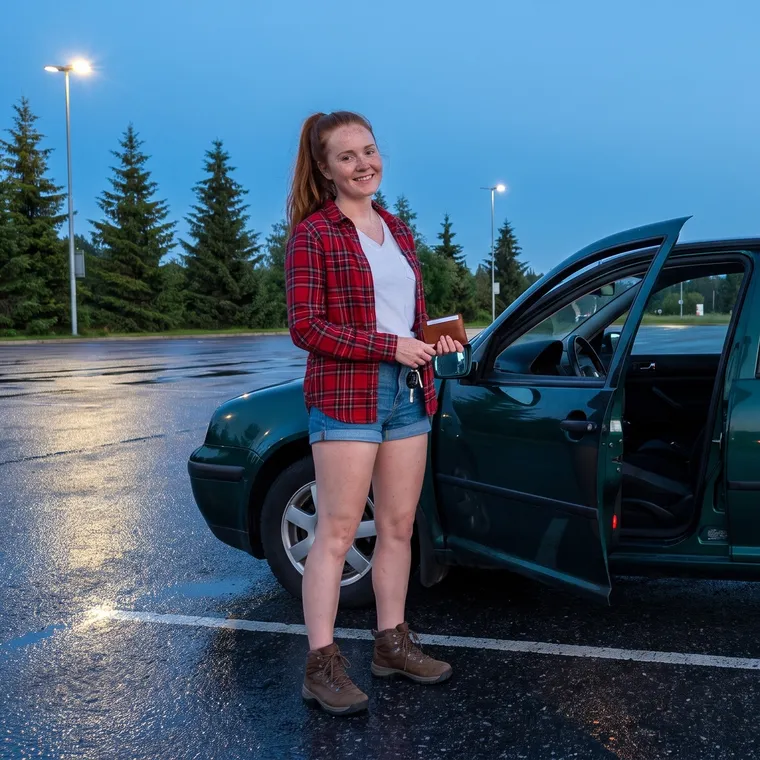 Ellie Marchand stands beside the open door of a dark green car in a wet parking lot at dusk, holding car keys and a card wallet.